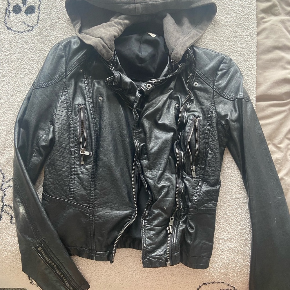 Free People Black Leather Jacket with Removable Hood - Size 0